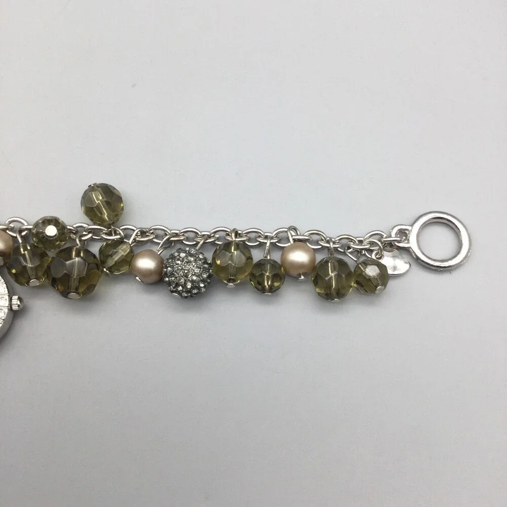 Beaded Charm Bracelet Womens Watch 22mm Silver Tone White Dial Crystal Bezel 8